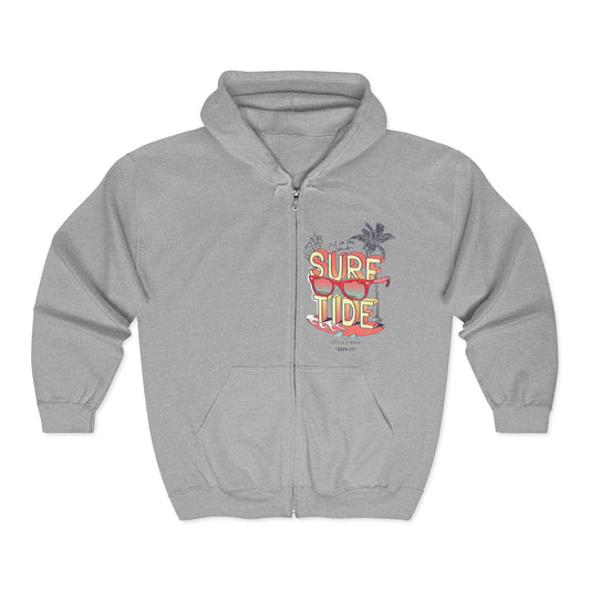 Surf Tide Unisex Zip Hoodie, Beach Vibes Sweatshirt, Summer Apparel, Gift for Surfers, Vacation Wear, Casual Style Sport Grey