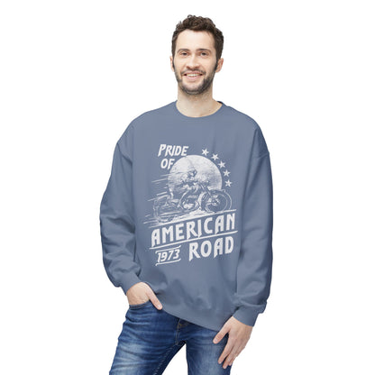 Pride of American Road Crewneck Sweatshirt, Cozy Unisex Fleece Top, Ideal Gift for Bikers, Road Trip Apparel, 1973 Vintage Style