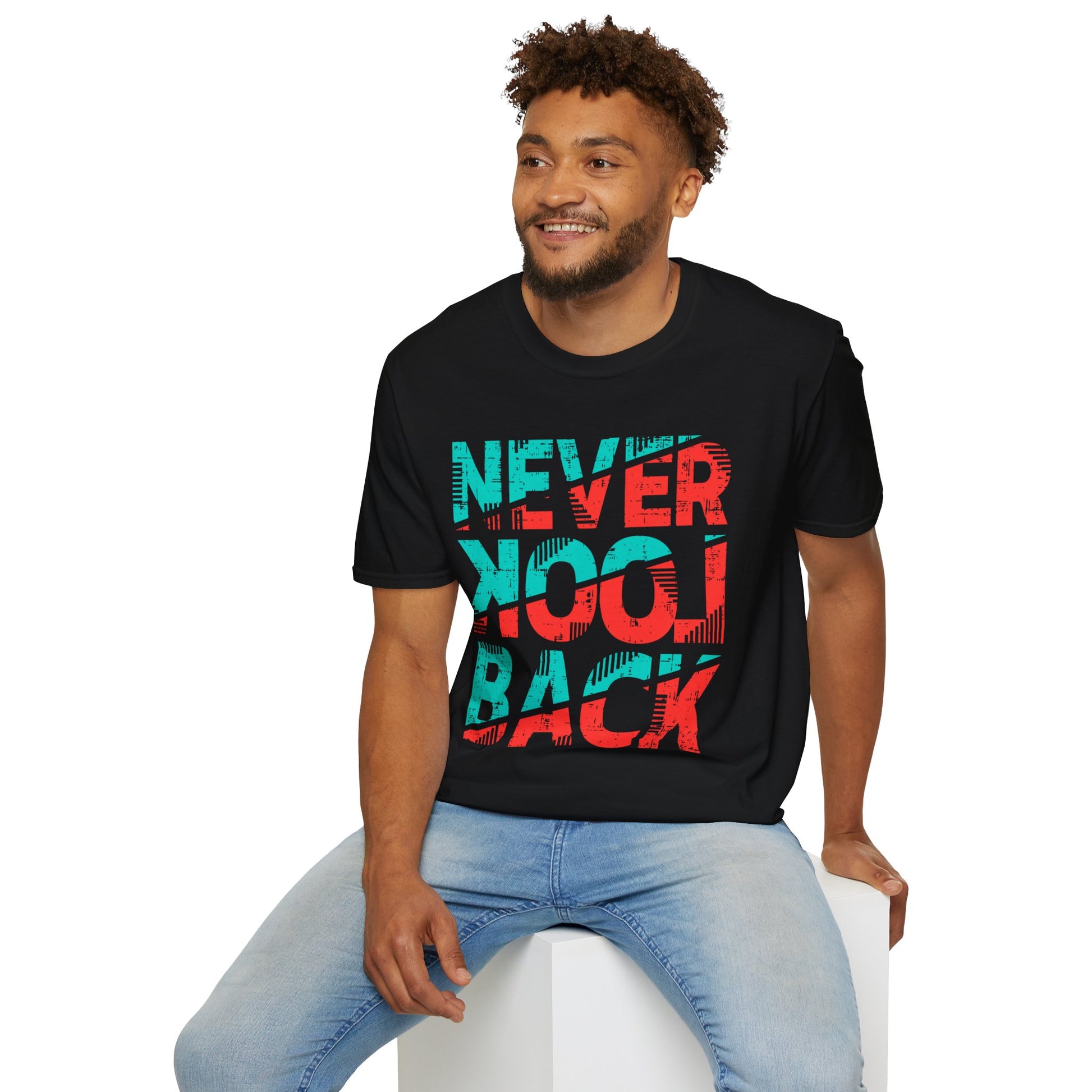 Unisex Softstyle T-Shirt with 'Never Look Back' Design - Motivational Graphic Tee for Daily Wear, Gifts, Casual Outings, Street Style