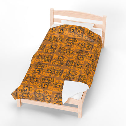 "Bad Boy" Graphic Velveteen Plush Blanket – Soft Orange Throw with Trouble Maker Bear – Rebel Streetwear Home Decor for Fall