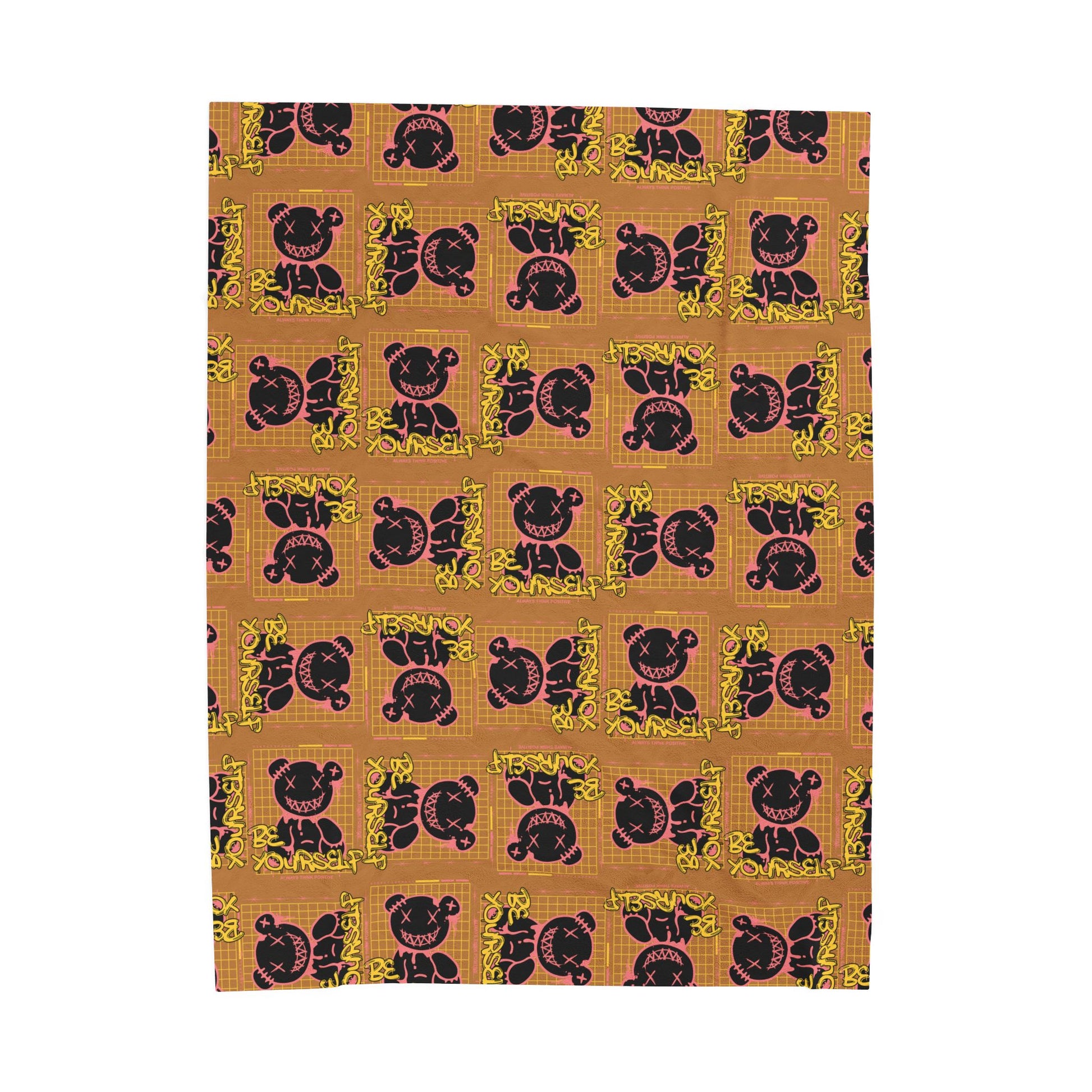 "Be Yourself" Edgy Bear Graphic Velveteen Plush Blanket – Brown Soft Throw for Streetwear Home Decor – Bold Statement