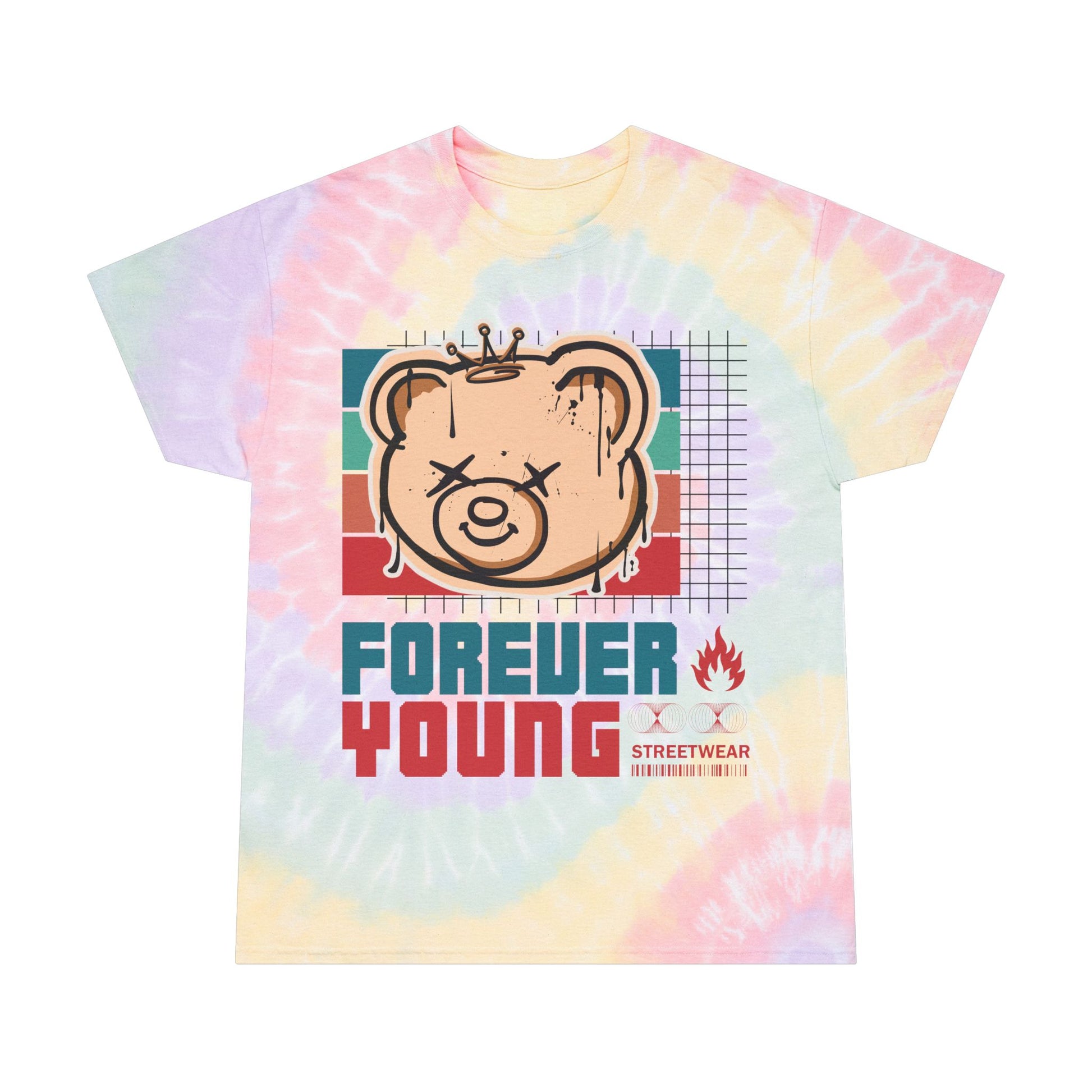 Unisex "Forever Young" Tie Dye T-Shirt – Retro 90s Style Streetwear Graphic Tee with Teddy Bear – Soft Cotton Shirt