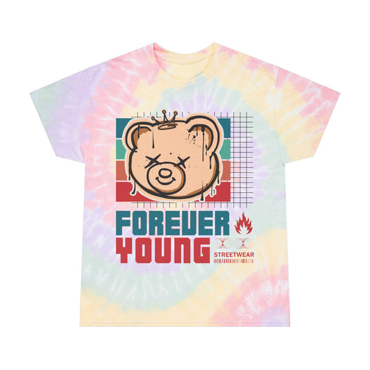 Unisex "Forever Young" Tie Dye T-Shirt – Retro 90s Style Streetwear Graphic Tee with Teddy Bear – Soft Cotton Shirt