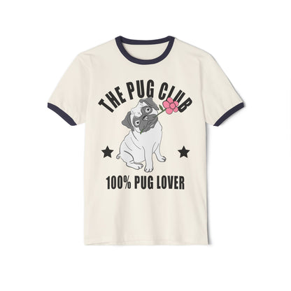 Pug Club Ringer T-Shirt, Dog Lover Gift, Unisex Pet Tee, Cute Pug Apparel, Birthday or Everyday Wear Natural Midnight Navy