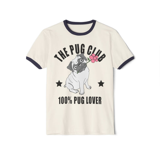 Pug Club Ringer T-Shirt, Dog Lover Gift, Unisex Pet Tee, Cute Pug Apparel, Birthday or Everyday Wear Natural Midnight Navy