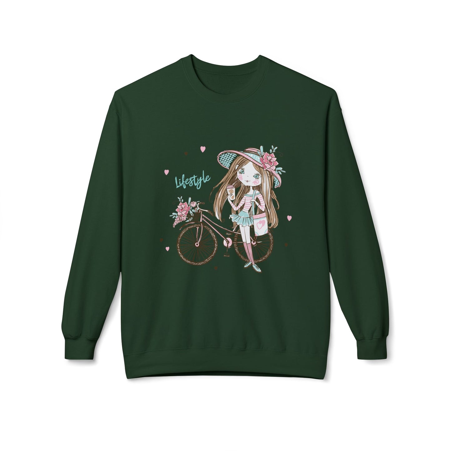 Chic Fleece Sweatshirt with Whimsical Bicycle Design - Perfect for Cozy Days, Gift for Cyclists, Cute Outfit for Spring, Birthday Forest Green