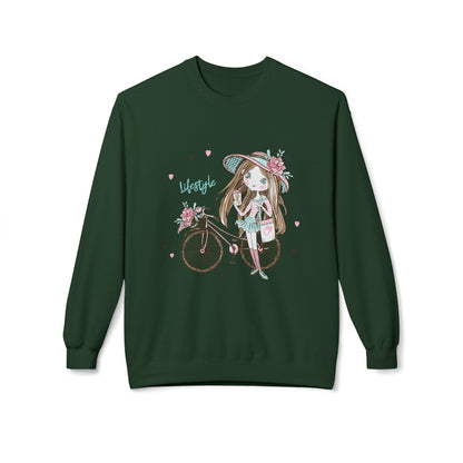 Chic Fleece Sweatshirt with Whimsical Bicycle Design - Perfect for Cozy Days, Gift for Cyclists, Cute Outfit for Spring, Birthday Forest Green