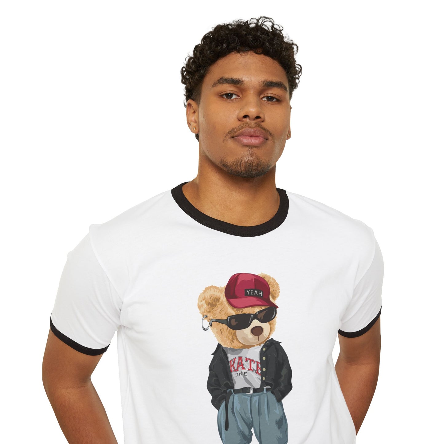 Hip Hop Bear Unisex Cotton Ringer T-Shirt, Cute Graphic Tee, Retro Style T-Shirt, Streetwear Apparel, Gift for Music Lovers