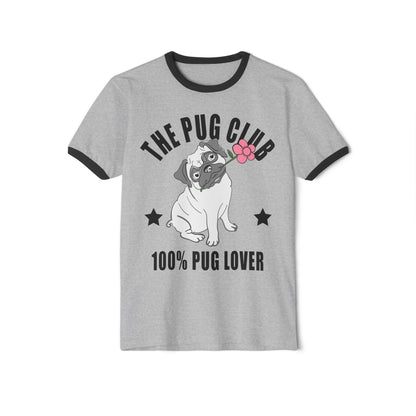 Pug Club Ringer T-Shirt, Dog Lover Gift, Unisex Pet Tee, Cute Pug Apparel, Birthday or Everyday Wear Heather Grey Black