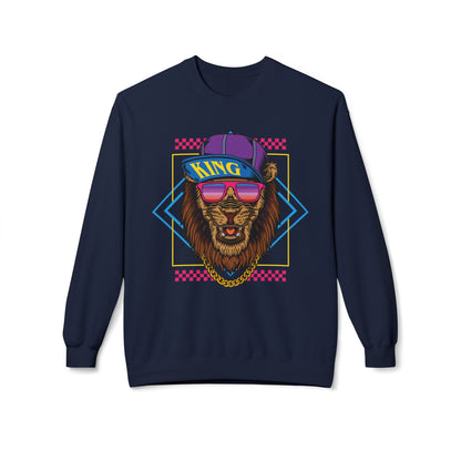 King Lion Graphic Crewneck Sweatshirt, Cozy Streetwear, Unisex Gift, Funny Animal Sweatshirt, Retro Style Apparel, Perfect for Any Occasion Navy