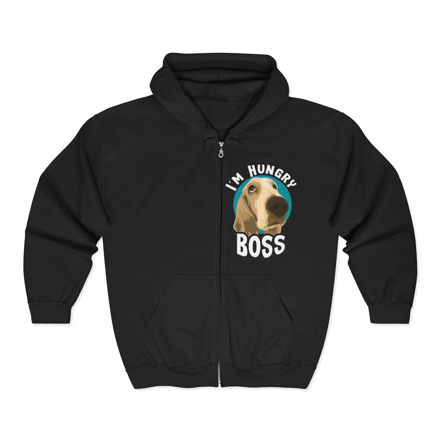 Hungry Boss Dog Hoodie, Funny Pet Lover Gift, Unisex Zip-Up Sweatshirt, Cute Animal Apparel, Ideal for Dog Owners, Cozy Layering Black