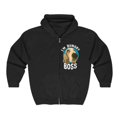 Hungry Boss Dog Hoodie, Funny Pet Lover Gift, Unisex Zip-Up Sweatshirt, Cute Animal Apparel, Ideal for Dog Owners, Cozy Layering Black
