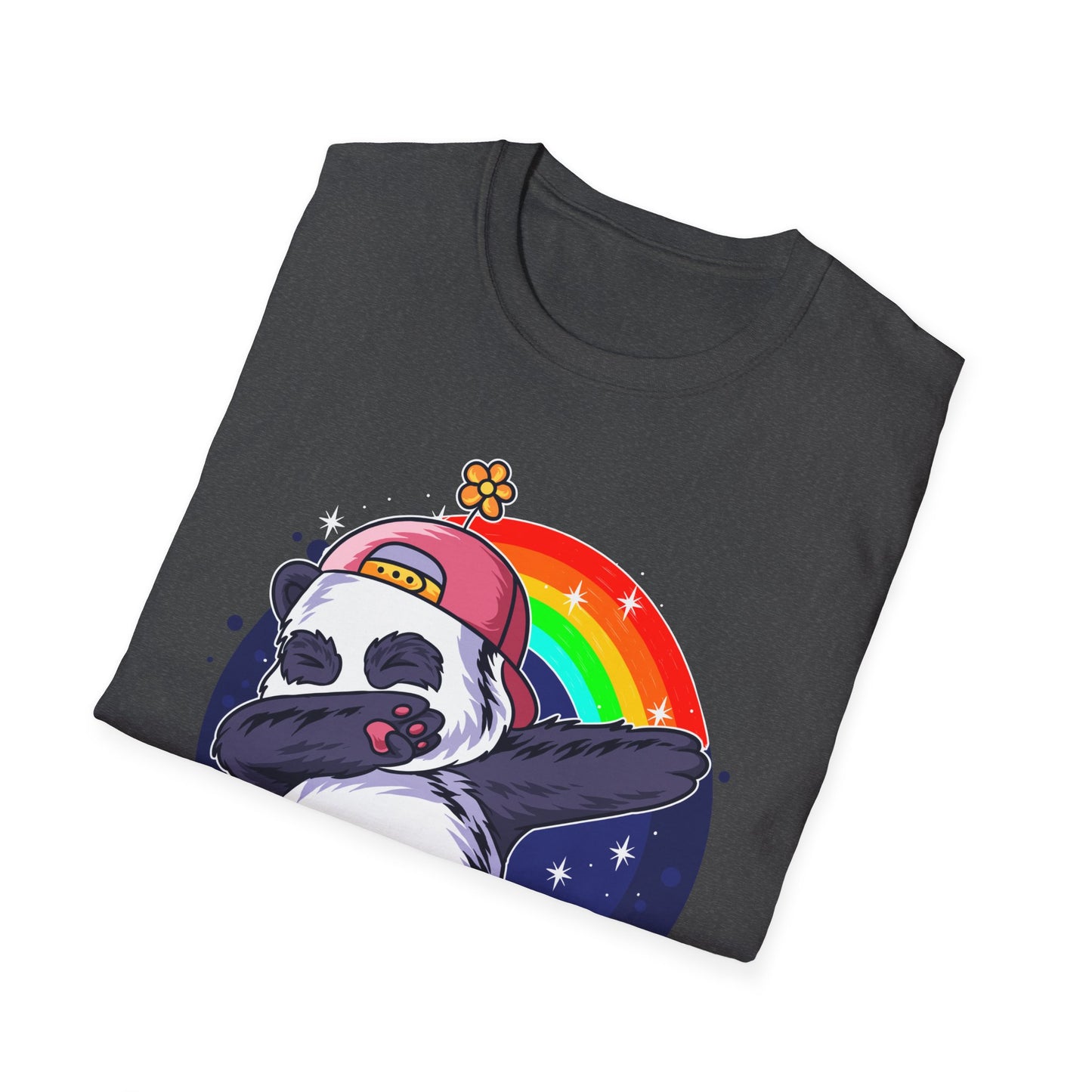 Rainbow Panda Unisex Softstyle T-Shirt, Cute Panda Tee, Gift for Animal Lovers, Fun Casual Wear, Birthday Present, Streetwear Fashion