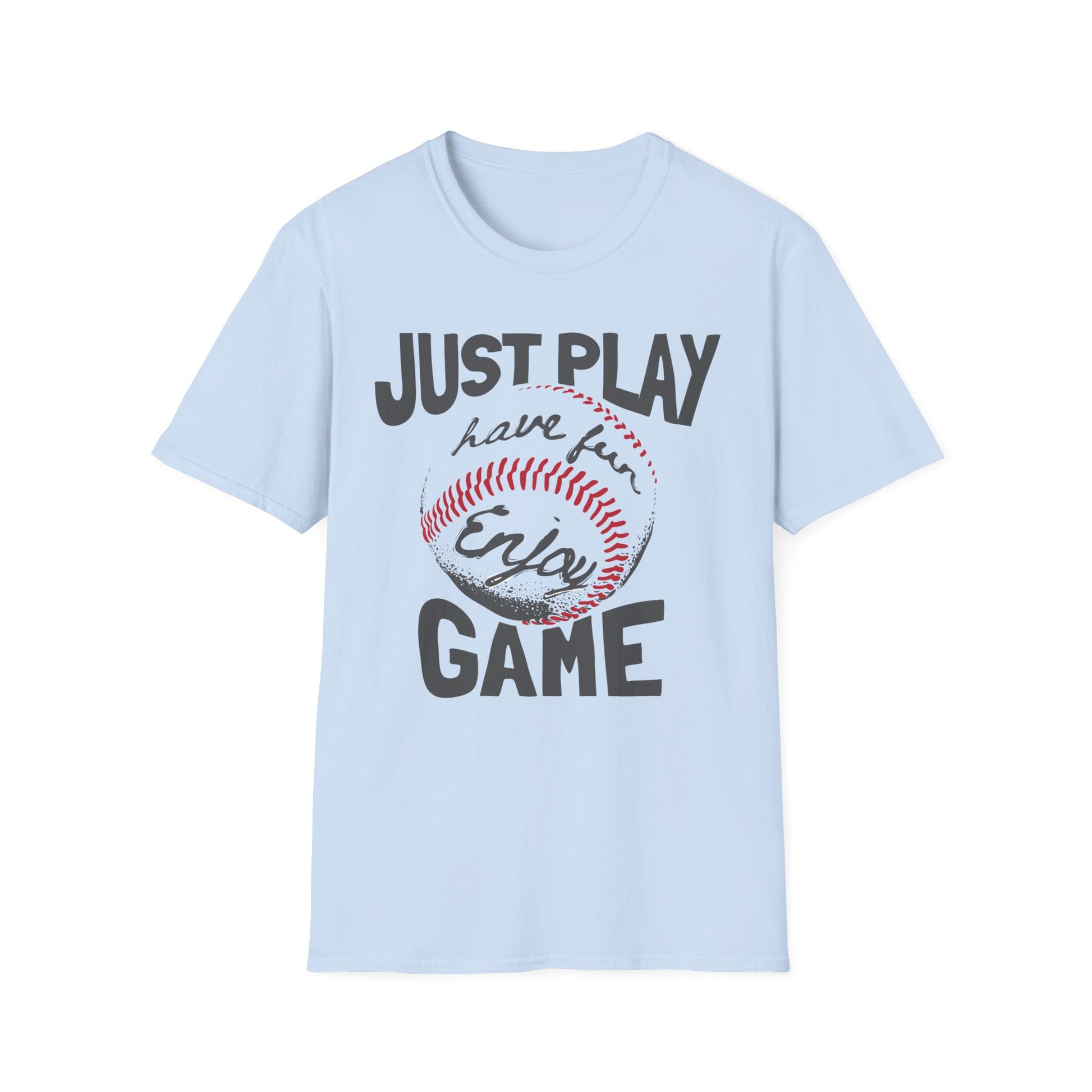 Just Play Game Unisex Softstyle T-Shirt | Fun Gift for Baseball Lovers | Casual Wear, Sports Shirt, Game Day Tee, Gift for Him/Her Light Blue