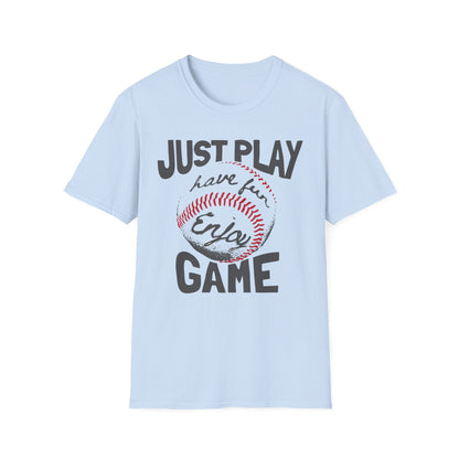 Just Play Game Unisex Softstyle T-Shirt | Fun Gift for Baseball Lovers | Casual Wear, Sports Shirt, Game Day Tee, Gift for Him/Her Light Blue