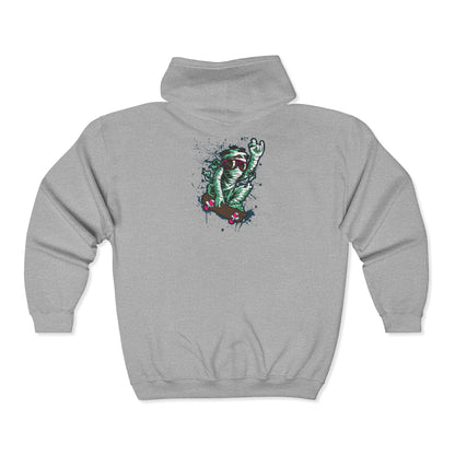 Skateboarding Mummy Zip-Up Hoodie | Soft Fleece Graphic Sweatshirt
