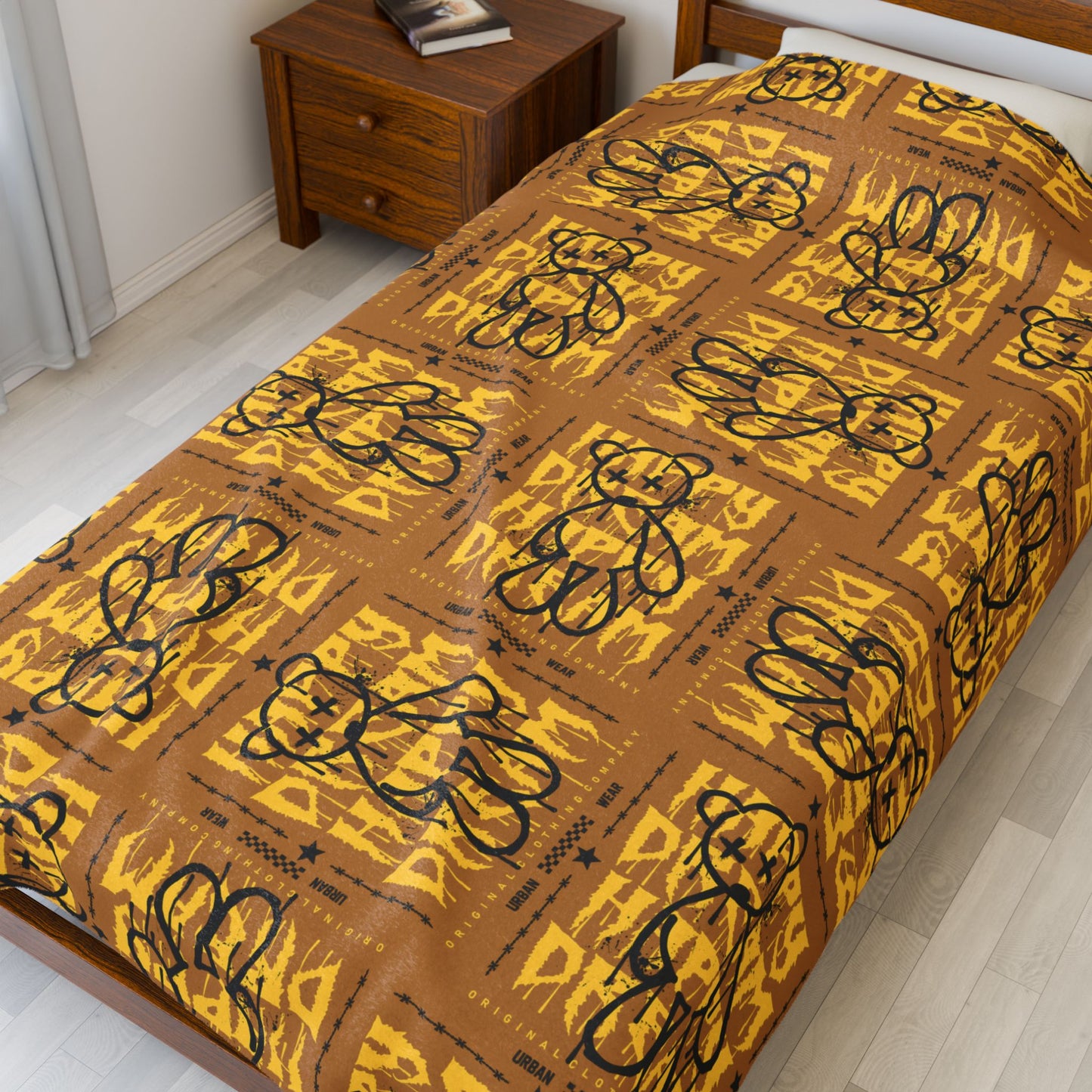 "Happy Dream" Abstract Art Velveteen Plush Blanket – Soft Brown Throw with Teddy Bear – Urban Graffiti Style Home Decor 60" × 80"