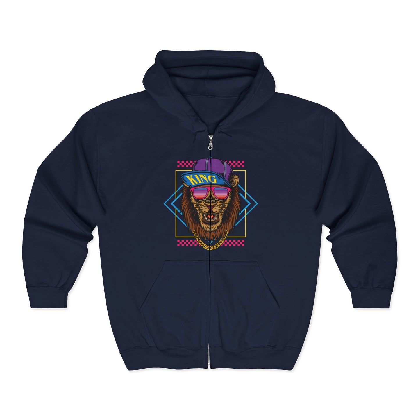Retro Graphic Lion Full Zip Hoodie | Vintage Animal Sweatshirt, Cool Hooded Sweatshirt, Gift for Animal Lovers, Unisex Apparel Navy