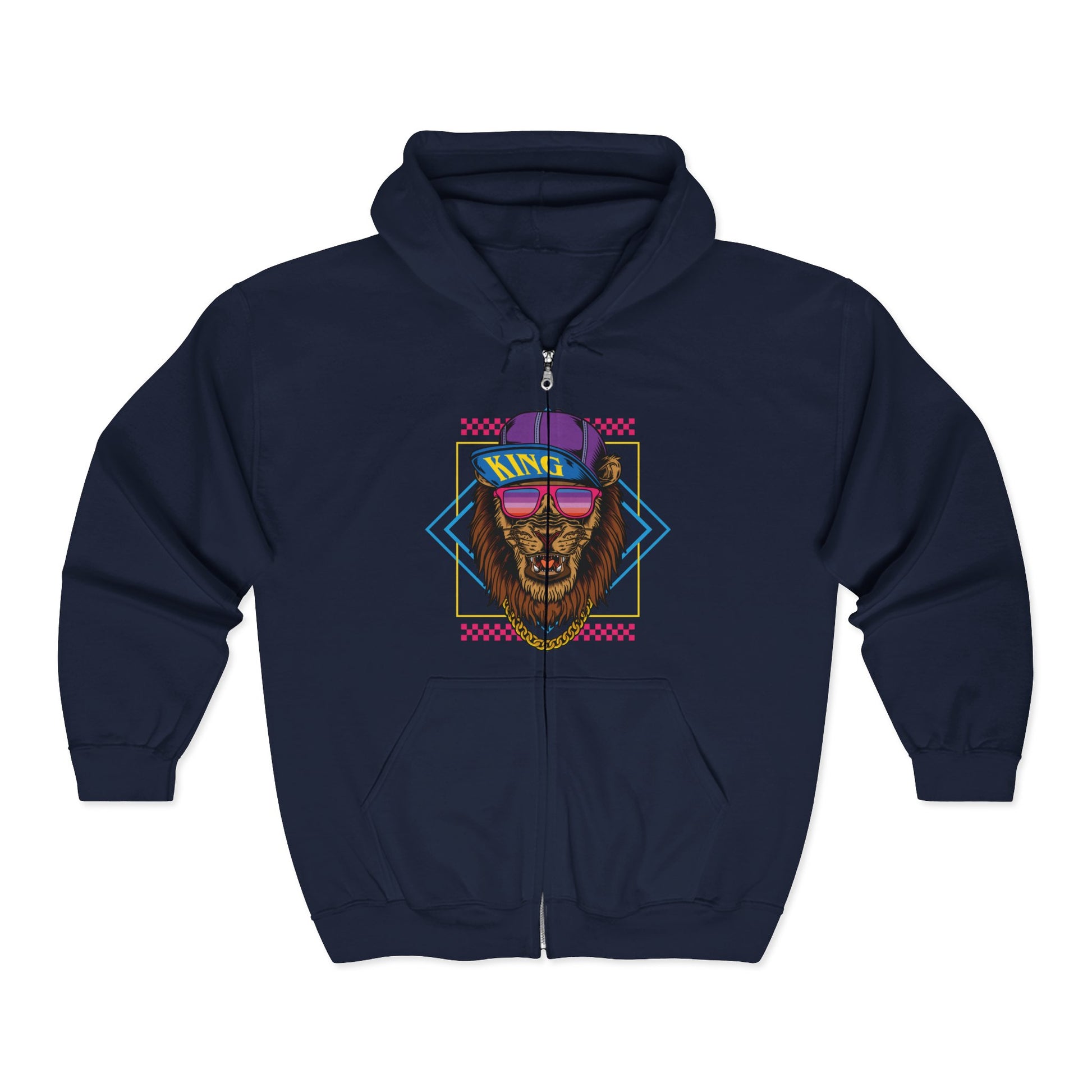 Retro Graphic Lion Full Zip Hoodie | Vintage Animal Sweatshirt, Cool Hooded Sweatshirt, Gift for Animal Lovers, Unisex Apparel Navy