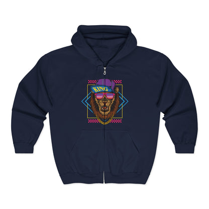 Retro Graphic Lion Full Zip Hoodie | Vintage Animal Sweatshirt, Cool Hooded Sweatshirt, Gift for Animal Lovers, Unisex Apparel Navy