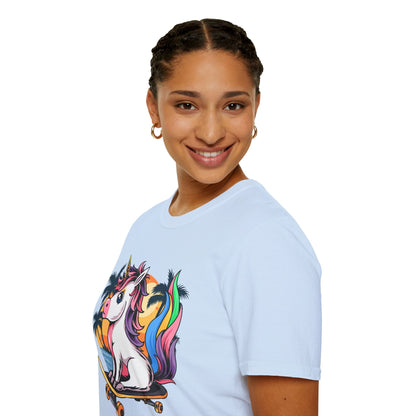 Skateboarding Unicorn T-Shirt, Cute Graphic Tee for Teens, Fun Summer Wear, Gifts for Unicorn Lovers, Beach Day Outfit