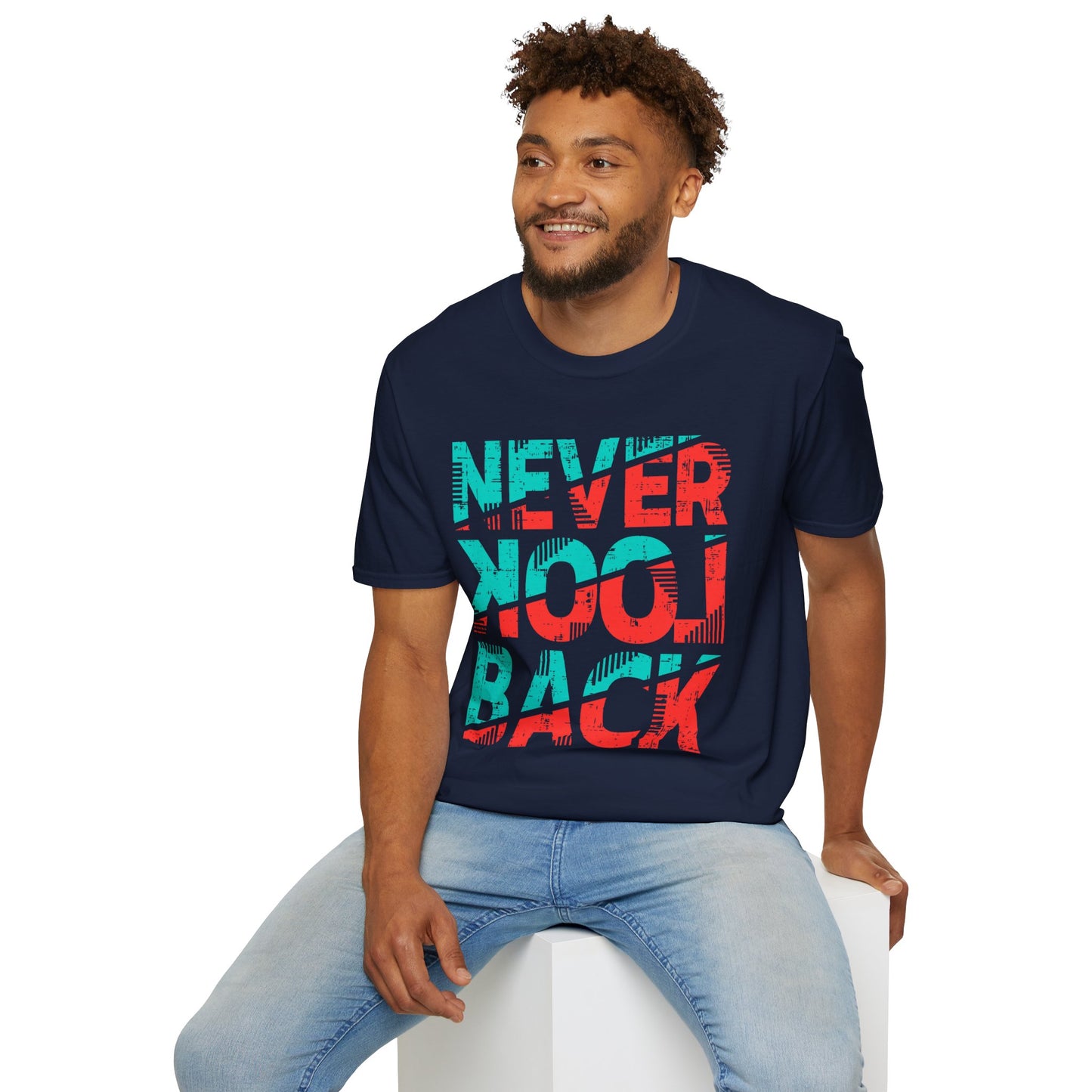 Unisex Softstyle T-Shirt with 'Never Look Back' Design - Motivational Graphic Tee for Daily Wear, Gifts, Casual Outings, Street Style