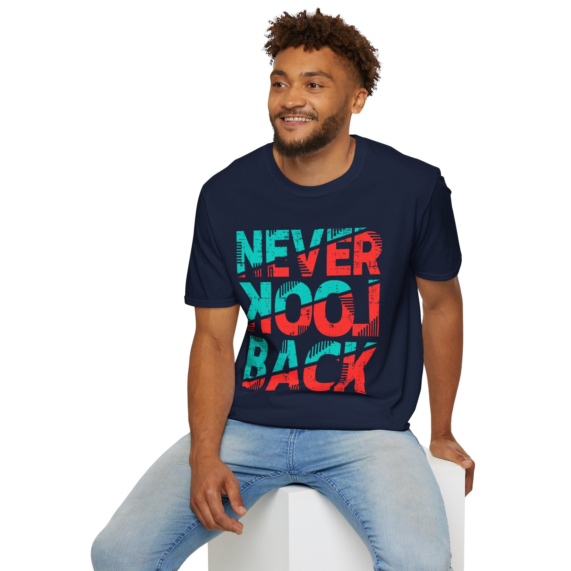 Unisex Softstyle T-Shirt with 'Never Look Back' Design - Motivational Graphic Tee for Daily Wear, Gifts, Casual Outings, Street Style