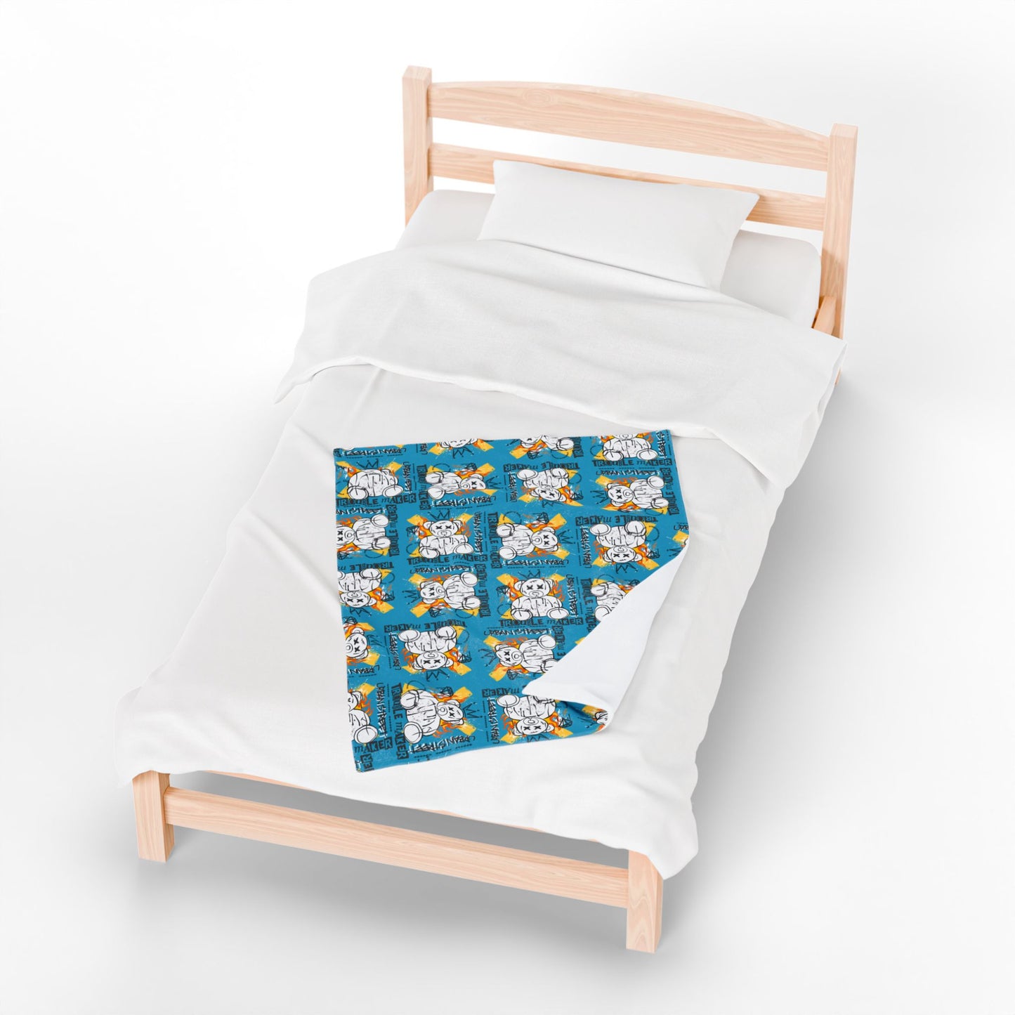 "Trouble Maker" Street Art Velveteen Plush Blanket – Soft Blue Throw with Flaming Bear – Edgy Urban Style Home Decor