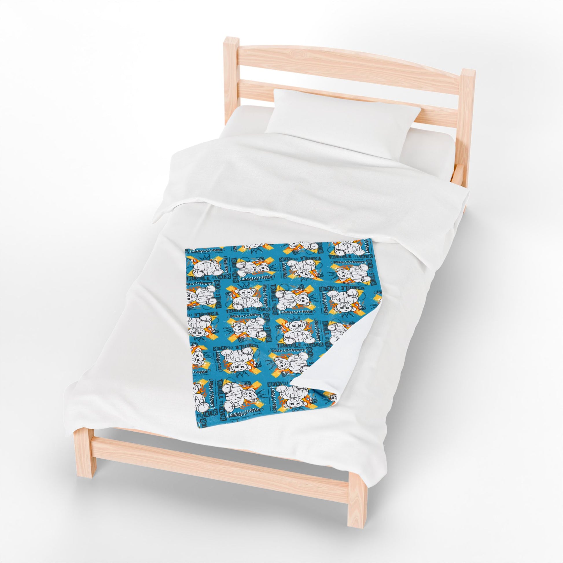 "Trouble Maker" Street Art Velveteen Plush Blanket – Soft Blue Throw with Flaming Bear – Edgy Urban Style Home Decor
