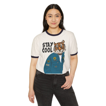 Stay Cool Tiger Ringer T-Shirt, Unisex Vintage Tee, Casual Gift, Animal Lover Apparel, Summer Fashion, Fun Graphic Shirt