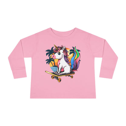 Skateboarding Unicorn Toddler Long Sleeve Tee, Cute Kids Shirt, Unicorn Lover Gift, Playful Toddler Outfit, Birthday Gift Pink