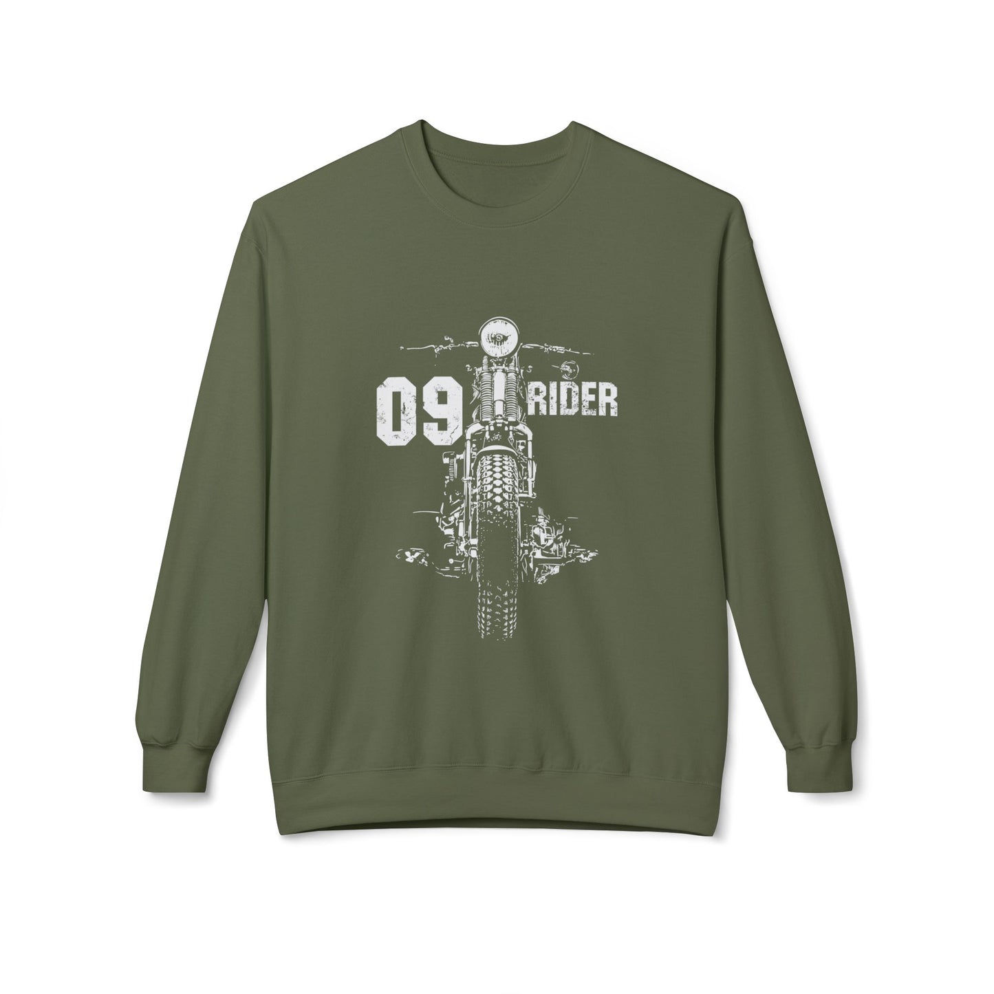 Retro Unisex Fleece Crew Sweatshirt - 09 Rider Design, Cozy Apparel, Gift for Bikers, Streetwear, Festival Wear, Everyday Comfort Military Green