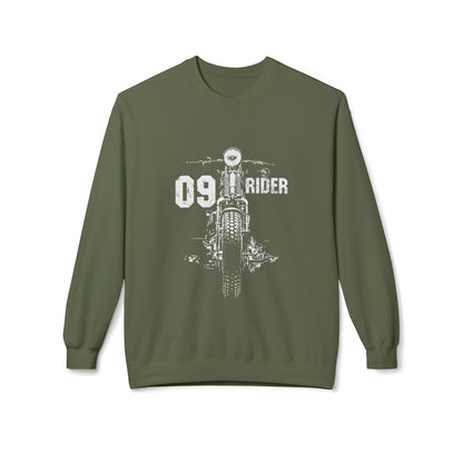 Retro Unisex Fleece Crew Sweatshirt - 09 Rider Design, Cozy Apparel, Gift for Bikers, Streetwear, Festival Wear, Everyday Comfort Military Green