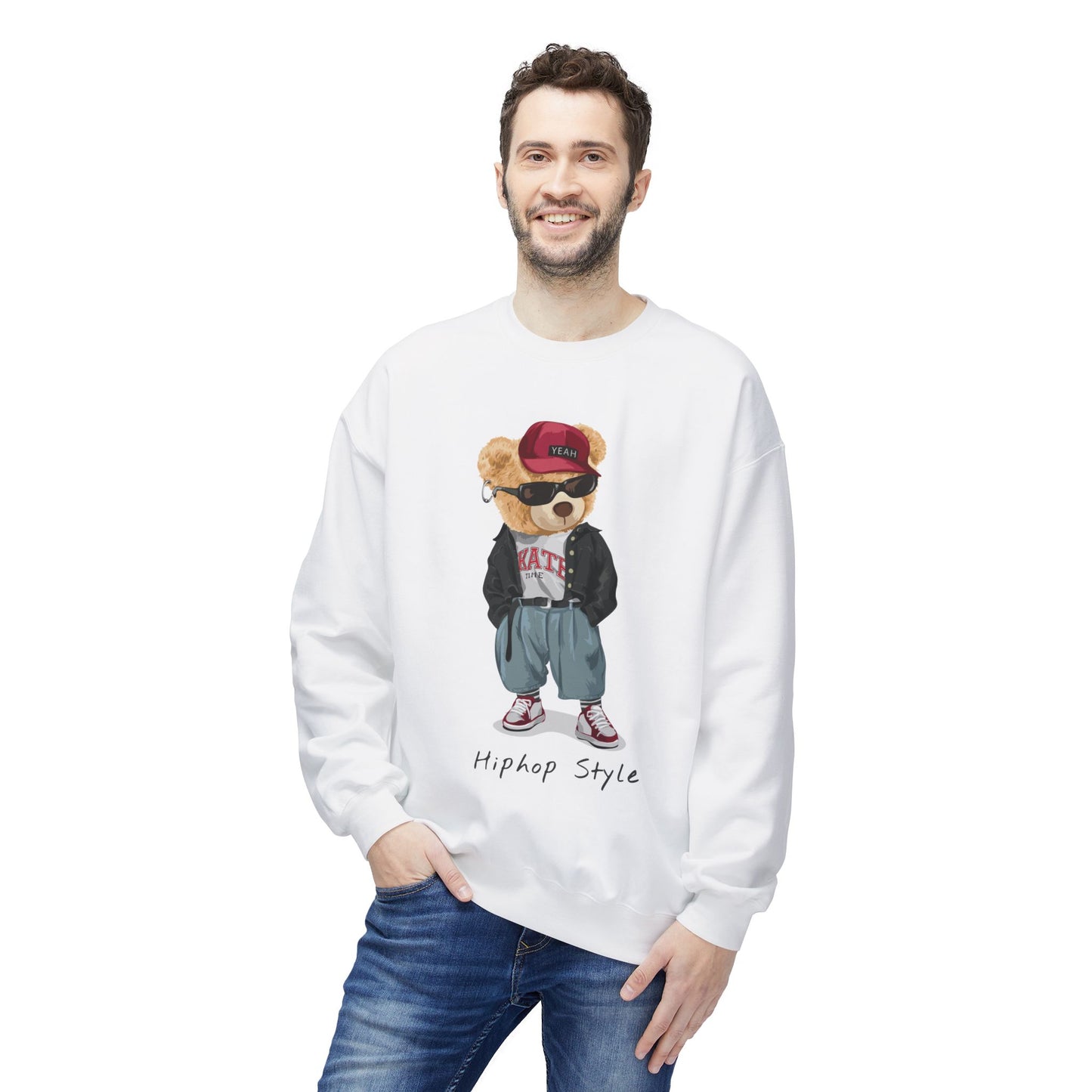 Hip Hop Bear Sweatshirt, Streetwear Crewneck, Unisex Fleece Top, Trendy Gift, Casual Style, Fashionable Layering Piece
