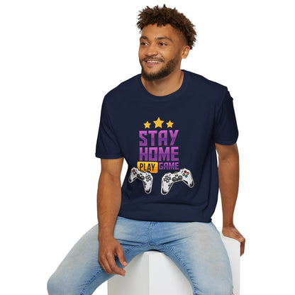 Stay Home Play Game Unisex Softstyle T-Shirt, Gamer Gift, Video Game Tee, Casual Wear, Birthday Present, Gaming Apparel
