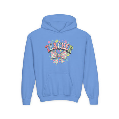Teacher Hoodie with Colorful Floral Bow Design, Ideal Gift for Educators, School Spirit Wear, Teacher Appreciation, Back to School Carolina Blue