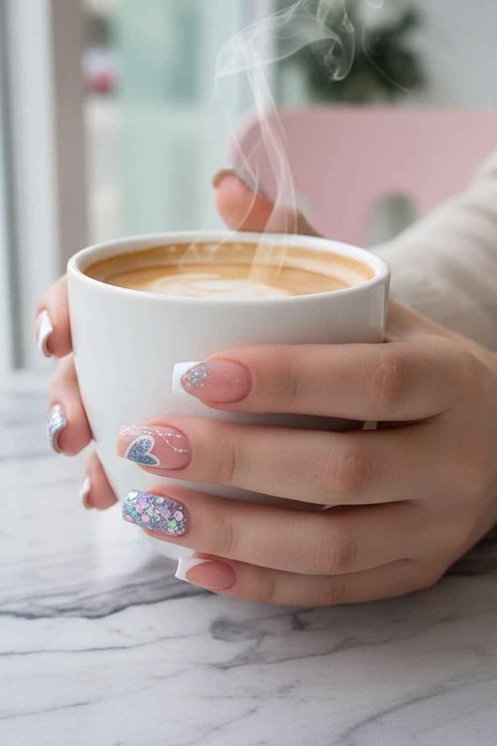 24pc Short French Pop Heart Press On Nails - Includes Jelly Gel & Nail File