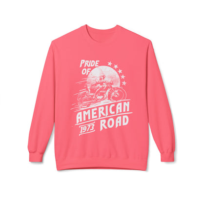 Pride of American Road Crewneck Sweatshirt, Cozy Unisex Fleece Top, Ideal Gift for Bikers, Road Trip Apparel, 1973 Vintage Style Pink Lemonade
