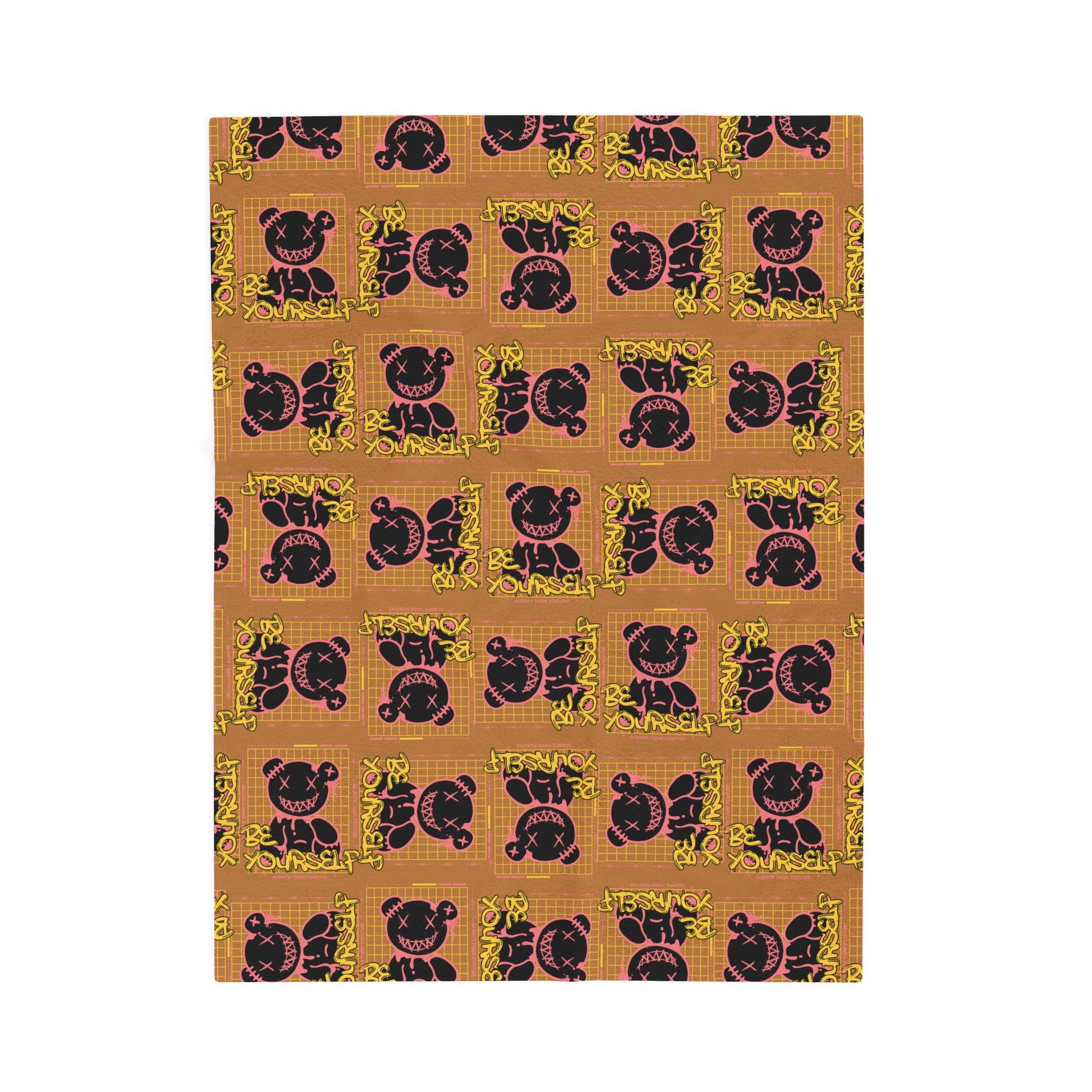 "Be Yourself" Edgy Bear Graphic Velveteen Plush Blanket – Brown Soft Throw for Streetwear Home Decor – Bold Statement