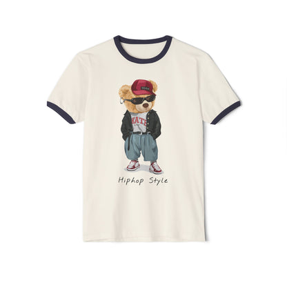 Hip Hop Bear Unisex Cotton Ringer T-Shirt, Cute Graphic Tee, Retro Style T-Shirt, Streetwear Apparel, Gift for Music Lovers
