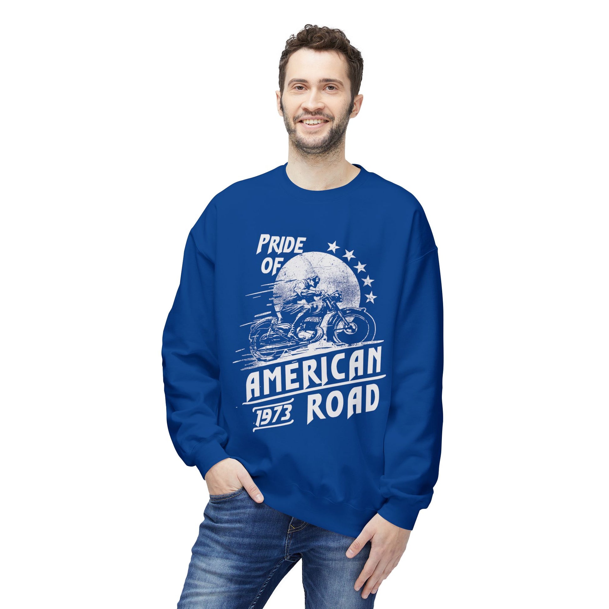 Pride of American Road Crewneck Sweatshirt, Cozy Unisex Fleece Top, Ideal Gift for Bikers, Road Trip Apparel, 1973 Vintage Style