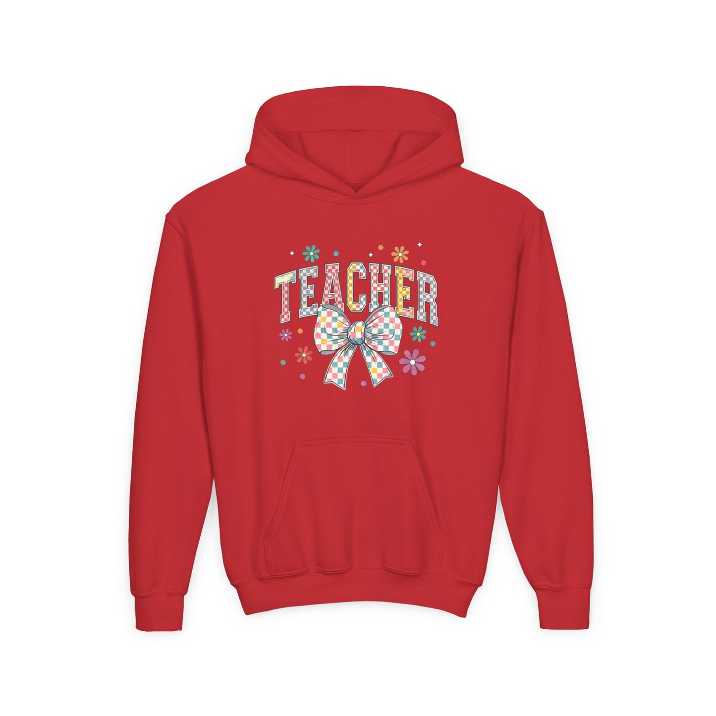 Teacher Appreciation Youth Hooded Sweatshirt - Cute Bow Design, Perfect Gift for Educators, Back to School, Christmas, Birthday Red