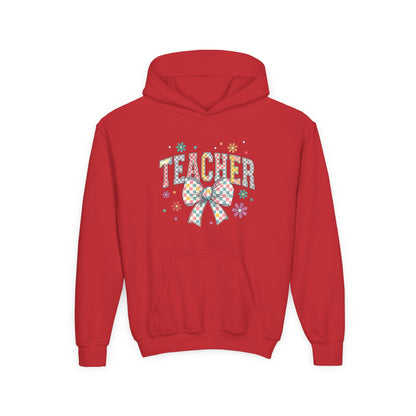 Teacher Appreciation Youth Hooded Sweatshirt - Cute Bow Design, Perfect Gift for Educators, Back to School, Christmas, Birthday Red