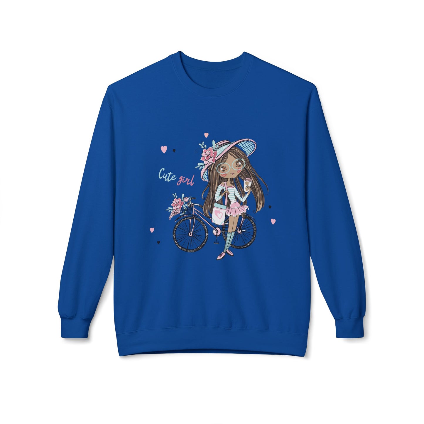 Cute Girl on Bicycle Sweatshirt, Cozy Fleece Crewneck, Spring Fashion, Gift for Her, Casual Sweatshirt, Cartoon Design Royal