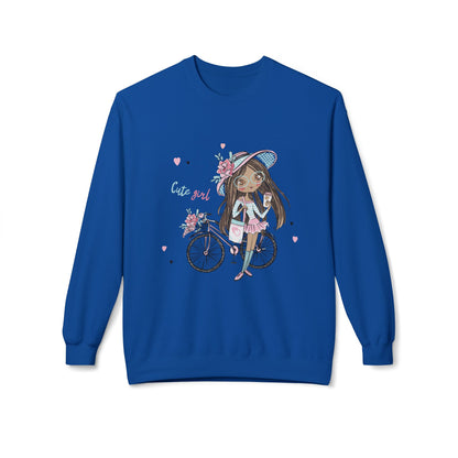 Cute Girl on Bicycle Sweatshirt, Cozy Fleece Crewneck, Spring Fashion, Gift for Her, Casual Sweatshirt, Cartoon Design Royal