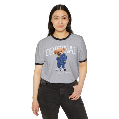 Unisex Ringer T-Shirt with Cute Bear Design - Casual Wear, Fun Gift, Original Style, Everyday Comfort, Unique Apparel