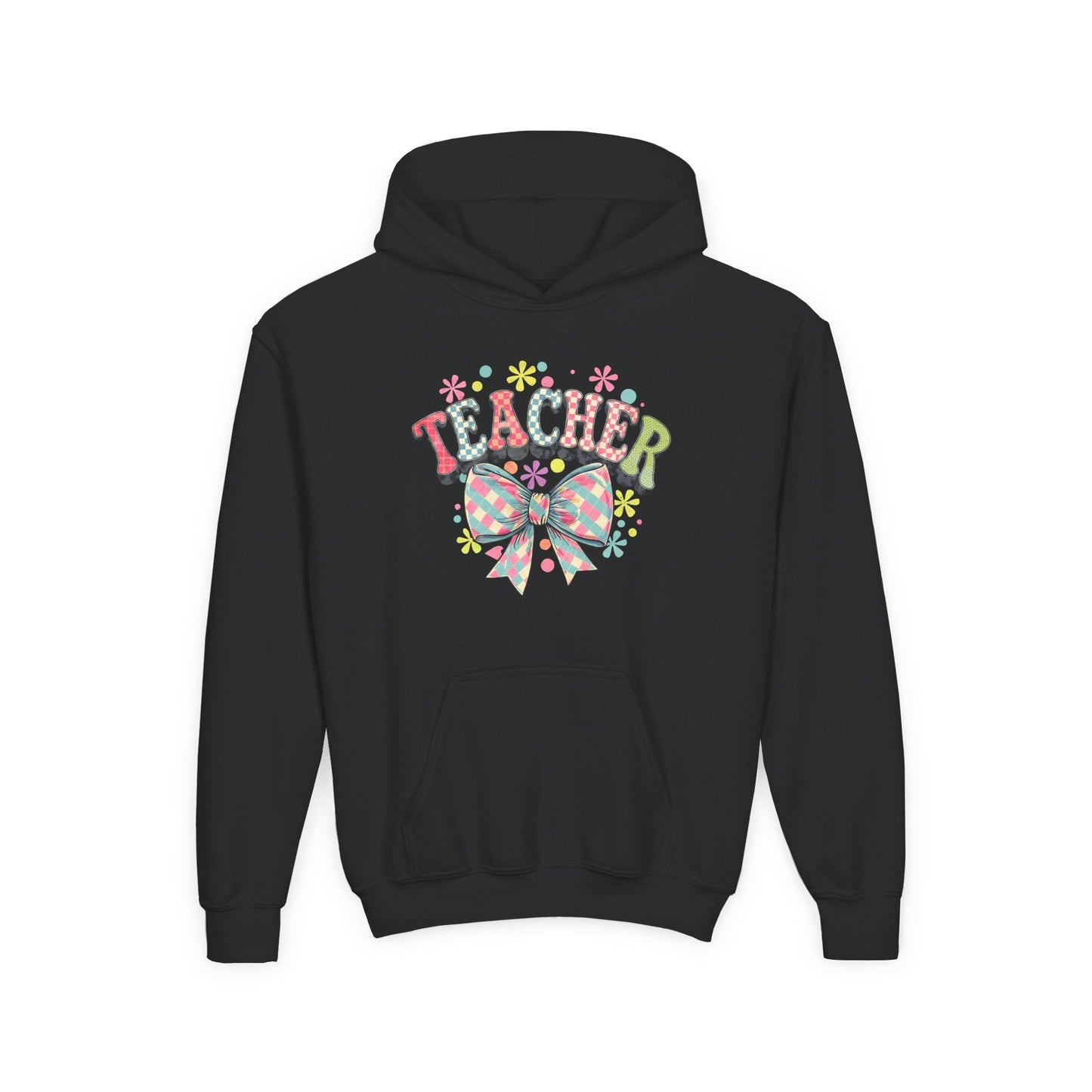 Teacher Hoodie with Colorful Floral Bow Design, Ideal Gift for Educators, School Spirit Wear, Teacher Appreciation, Back to School Black