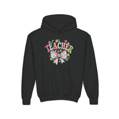 Teacher Hoodie with Colorful Floral Bow Design, Ideal Gift for Educators, School Spirit Wear, Teacher Appreciation, Back to School Black