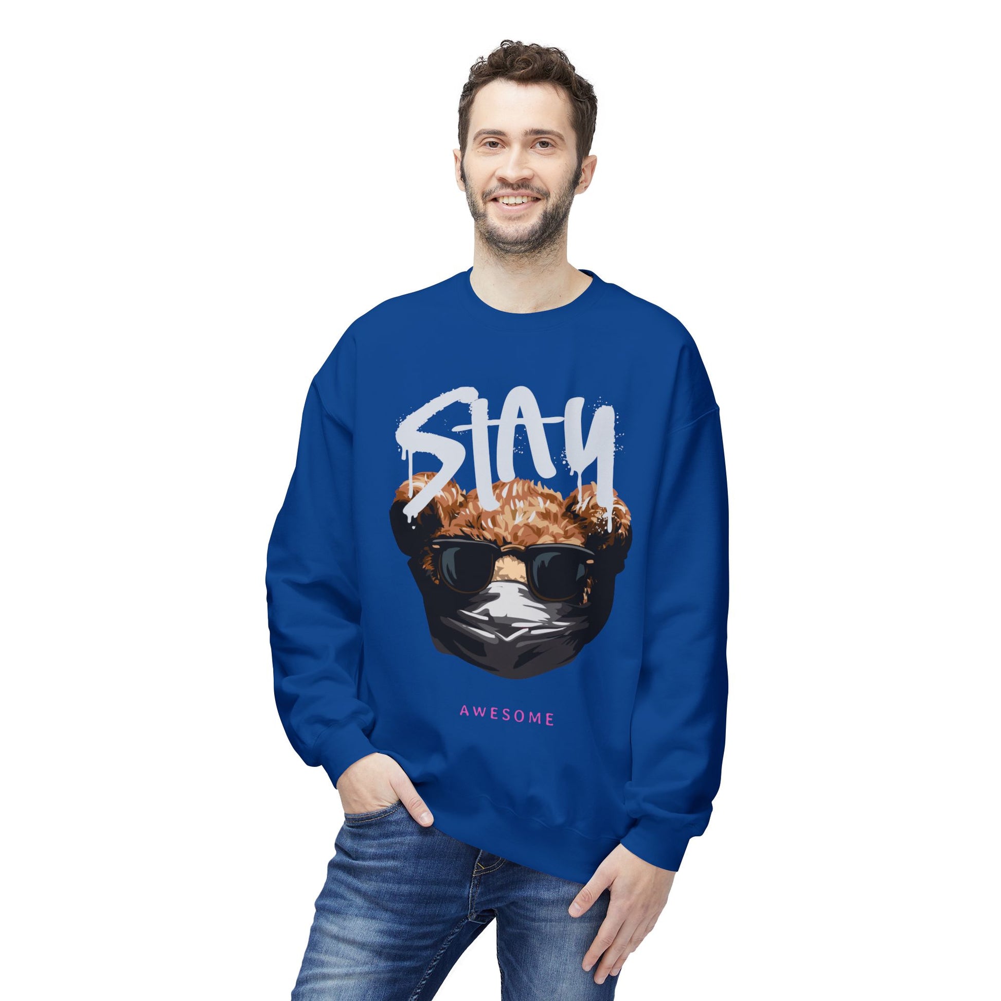 Stay Awesome Fleece Crewneck Sweatshirt for Cozy Vibes, Perfect Gift for Friends, Cute Casual Wear, Fun Retro Style, Ideal for Cold Days