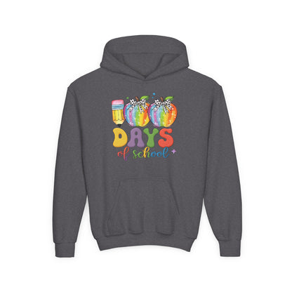 Colorful 100 Days of School Hoodie for Kids, Fun Sweatshirt for Students, Back to School Gift, Rainbow Apple Design, Classroom Dark Heather